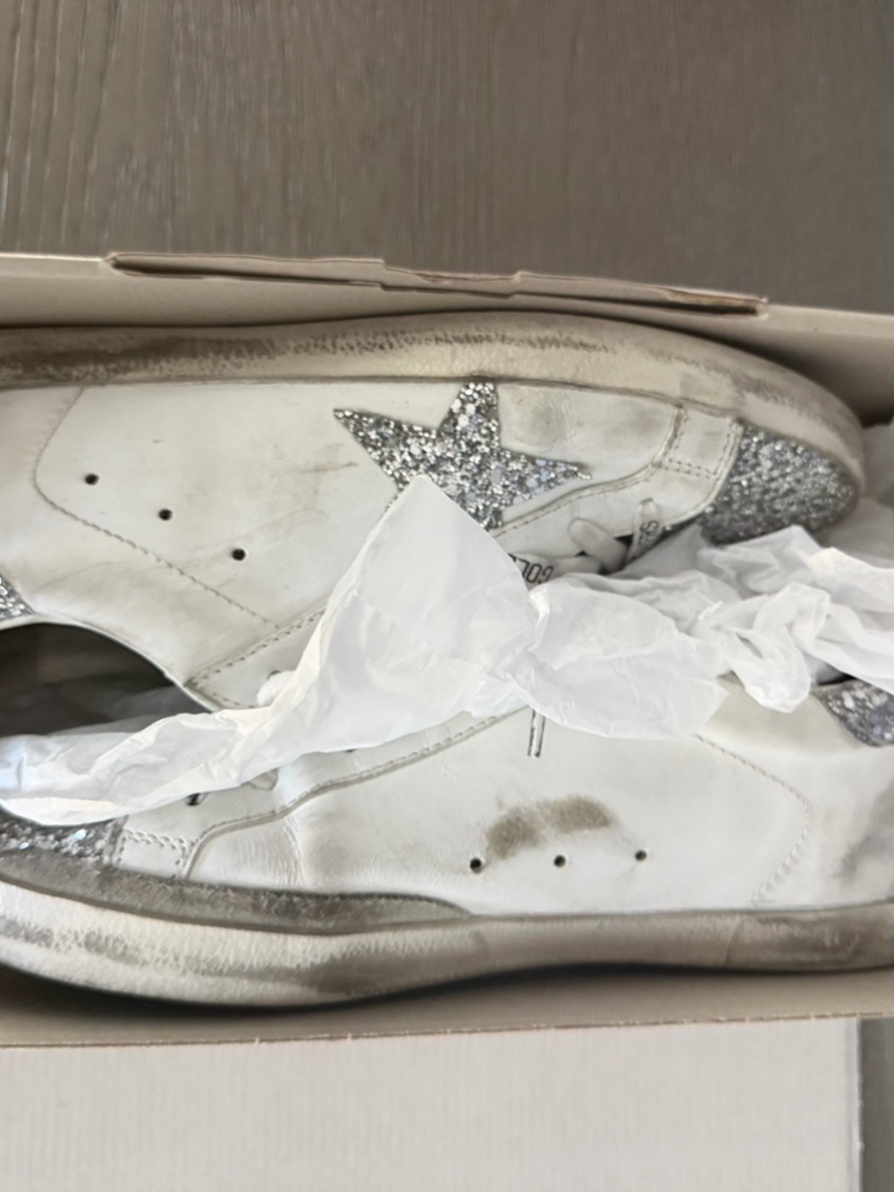 Golden Goose White Leather Low-Top Sneakers with Silver Glitter Star - Picture 4 of 6